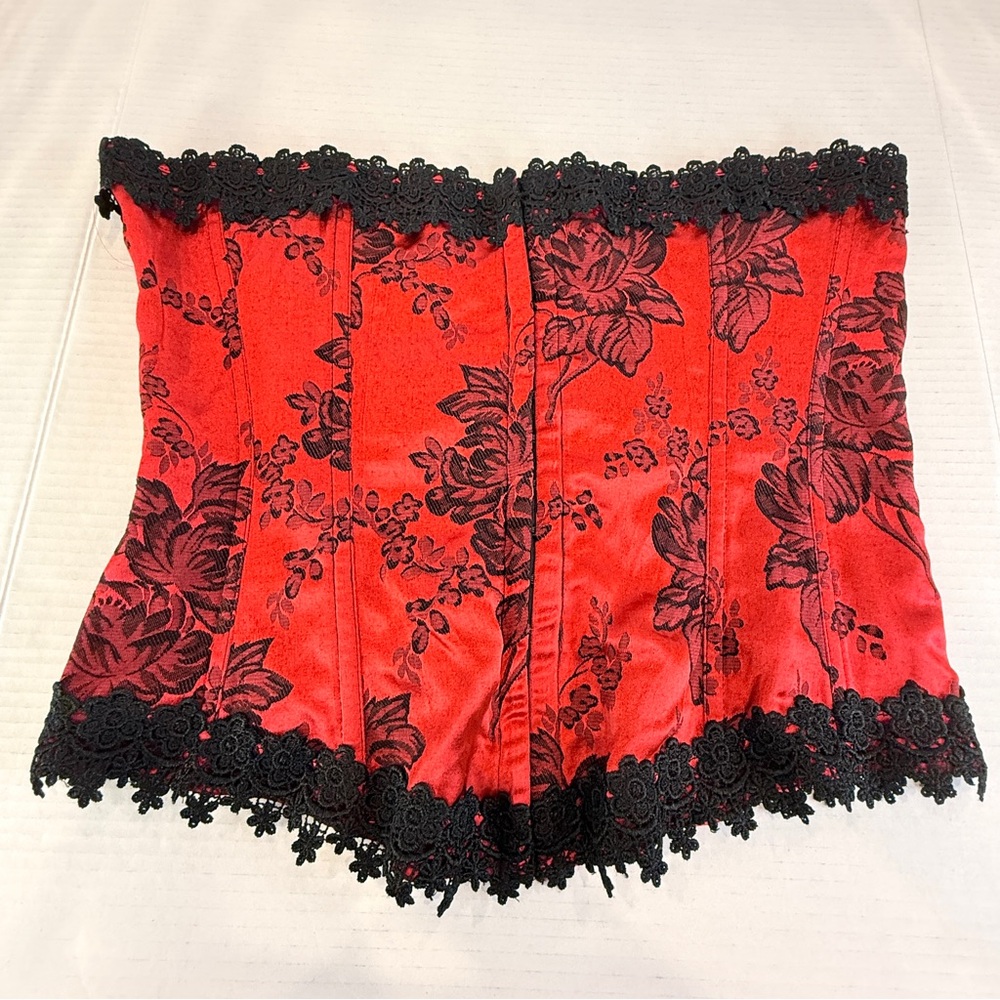 🖤 Shirley of Hollywood Red Black Brocade Corset ❤️ Size 38 Lace-Up Back Gothic - Picture 2 of 16